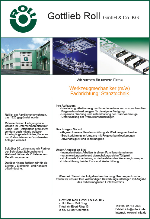 Stellenangebot Werkzeugmechaniker m/w Stellenangebot Werkzeugmechaniker m/w